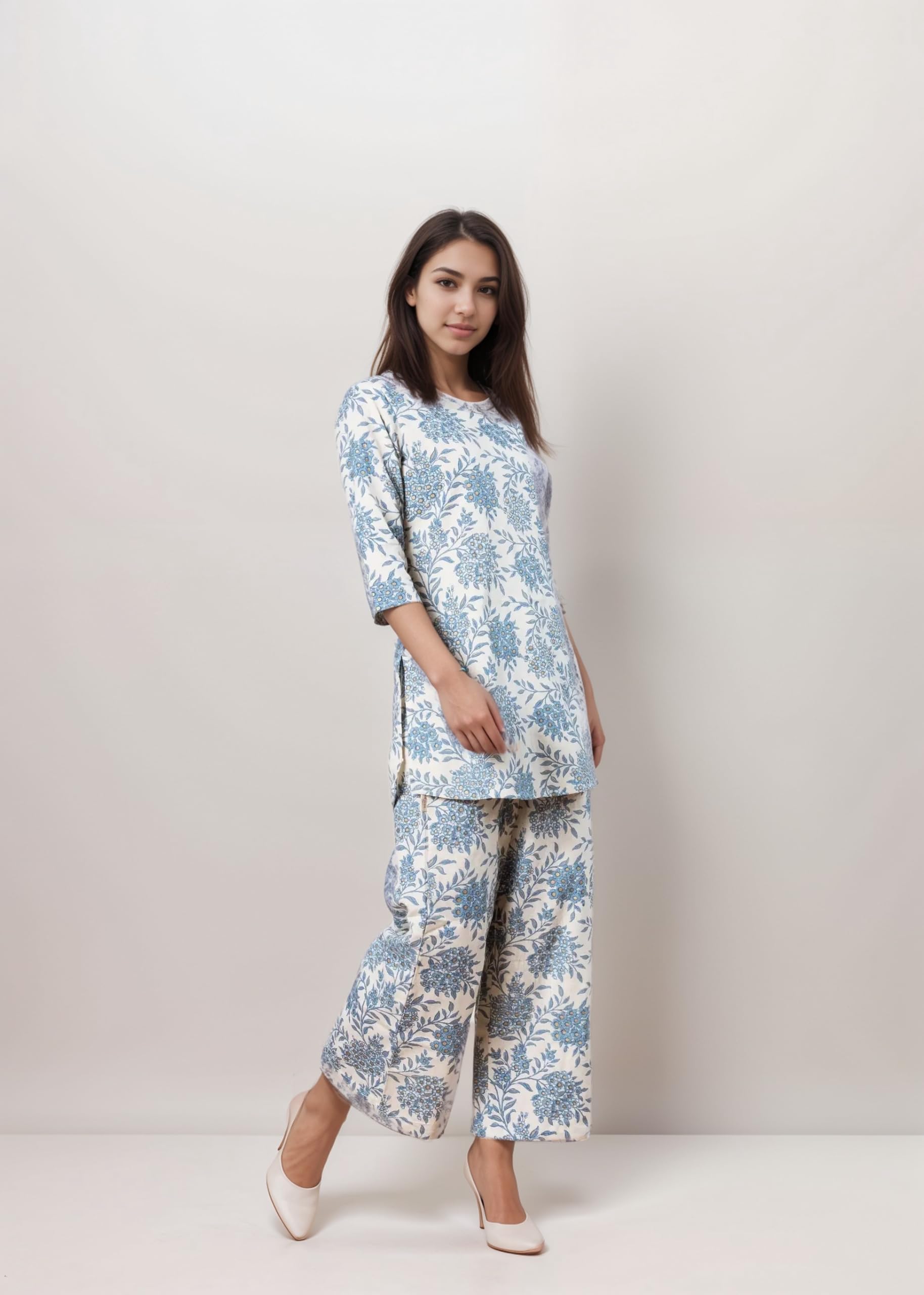 SMOWKLY Womens Printed Rayon Slub Mid Thighs Short Kurti With Relaxed Fit Pant Sylish Co-Ords Set || Trendy 3/4 Sleeve Kurta &