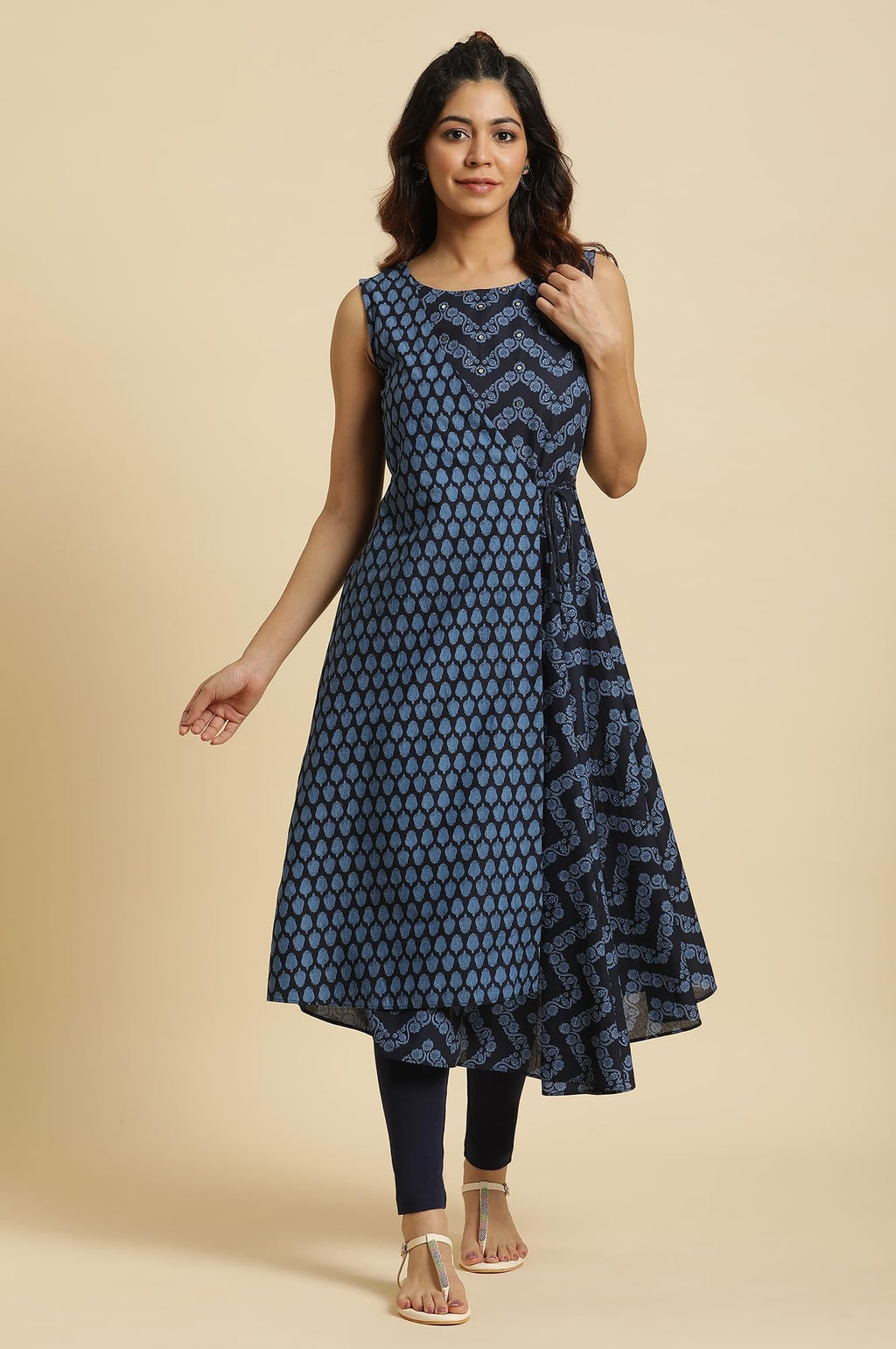 W For Woman Blue Mock Wrap Print Mix Kurta