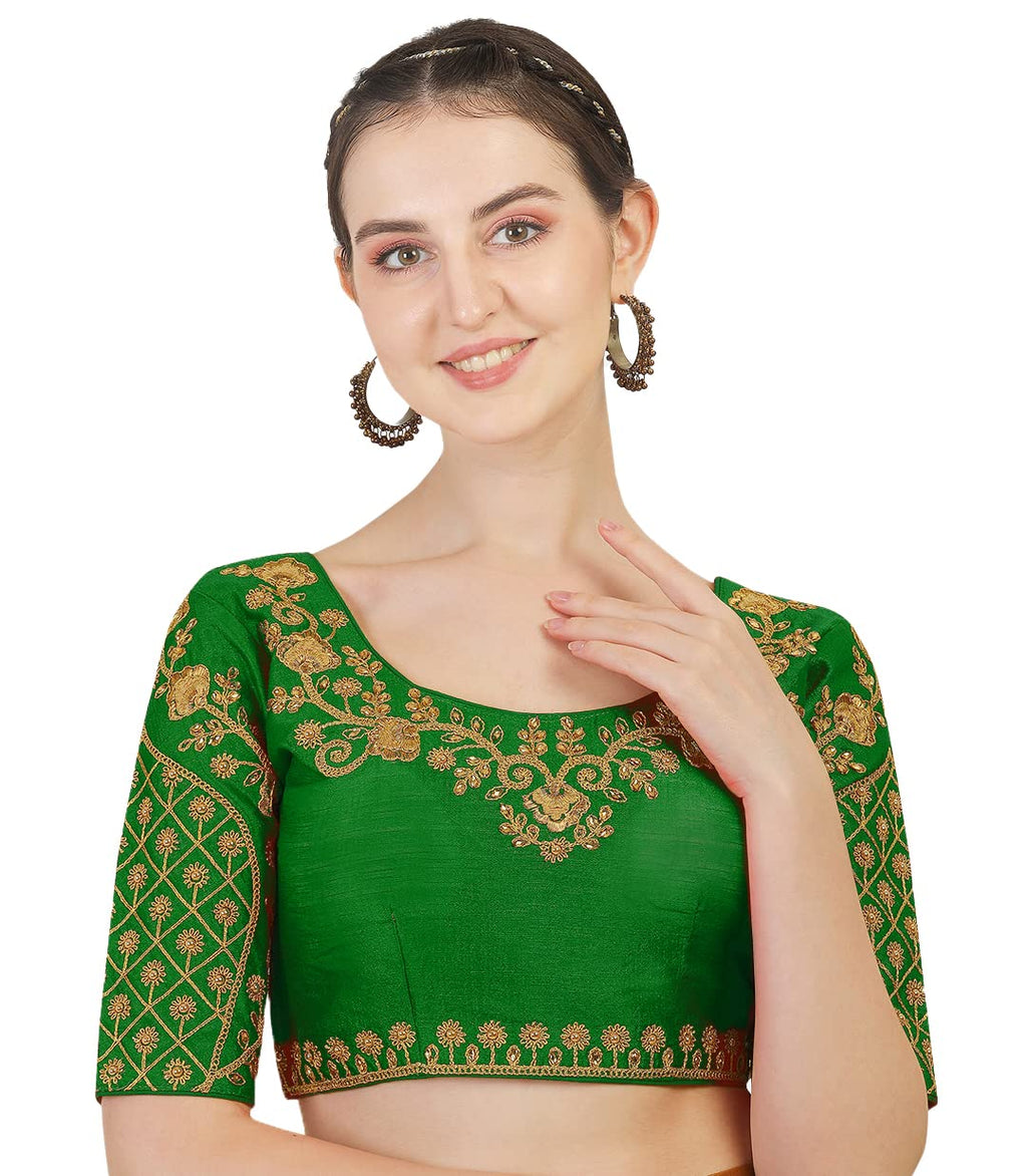 Pujia Mils Womens Silk Embroidery Half Sleeve Blouse (Floral Blouse_Green_38)