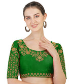 Pujia Mils Womens Silk Embroidery Half Sleeve Blouse (Floral Blouse_Green_38)