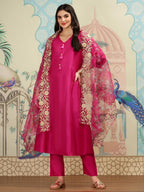 Ishin V-Neck Three-Quarter Sleeves Kurta With Trousers & With Printed Dupatta | Kurta Set For Women | Kurta With Trousers And Du