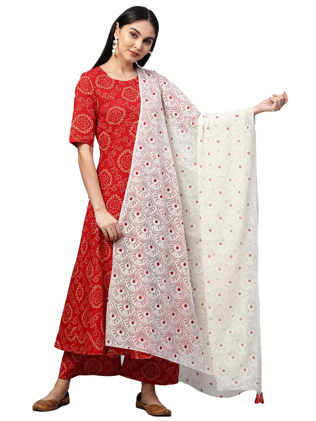 ANNI DESIGNER Womens Cotton Anarkali Kurta with Palazzo & Dupatta (Ruchi RED_S_Red_Small)