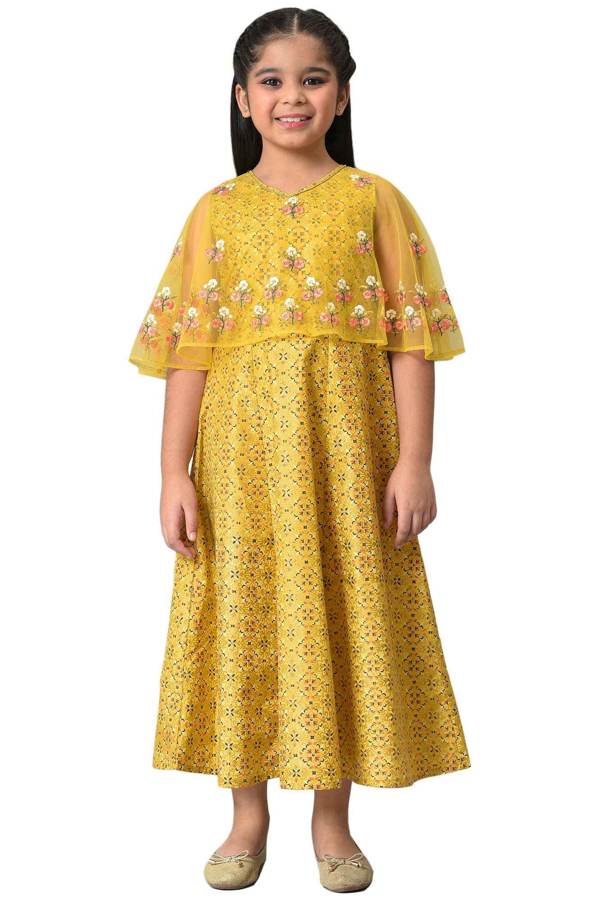 Aurelia Girls Oil Yellow Floral Printed Flared Dress_22AUG10254A-504828_6-7
