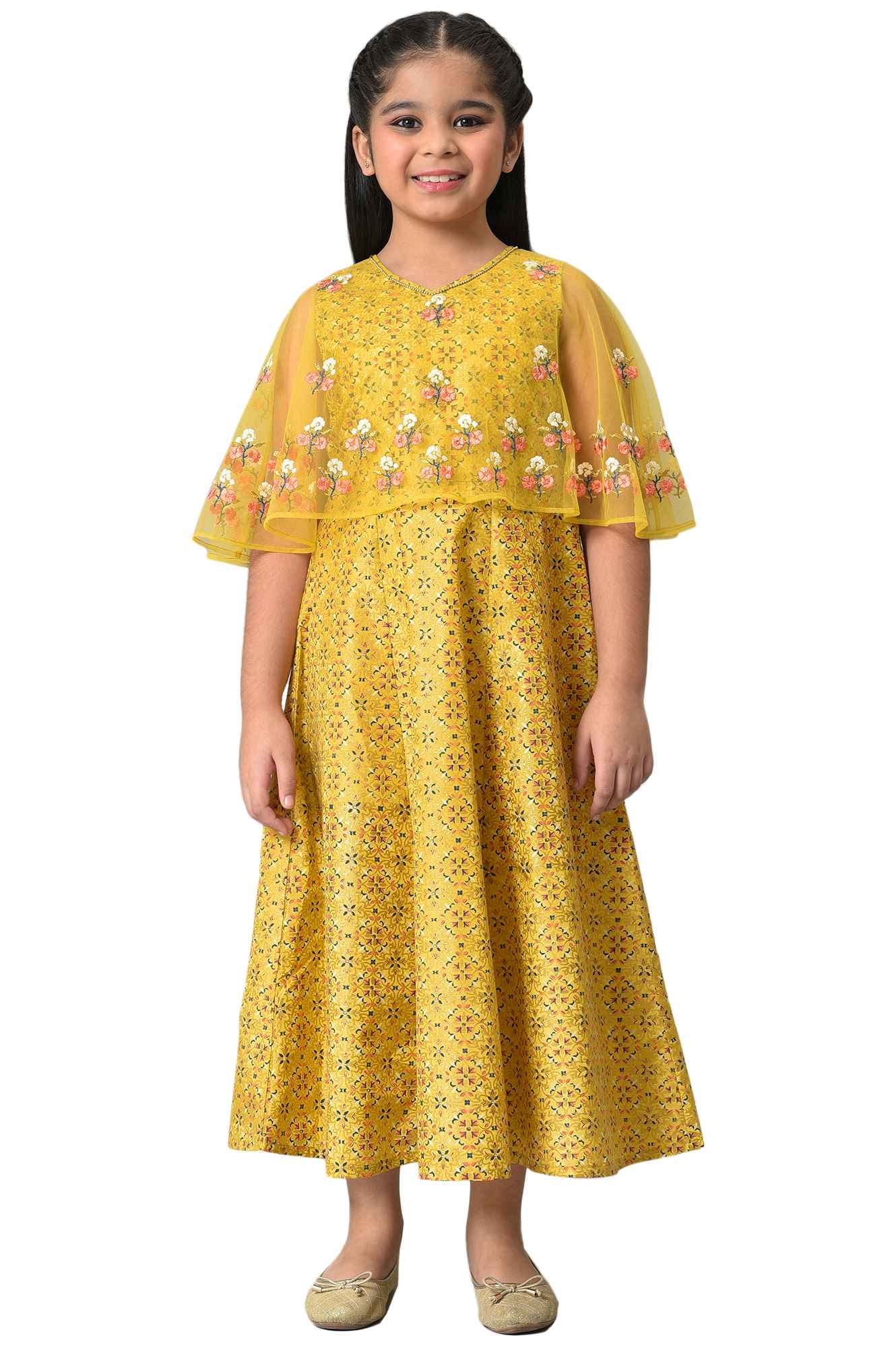 Girls Yellow Dress With Net Layered Cape