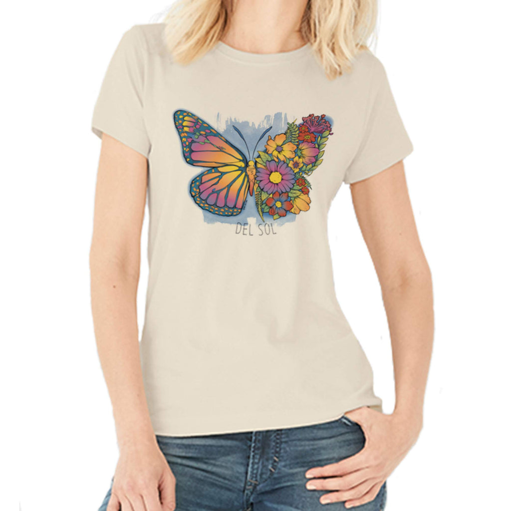 Women Crew Tee - Butterfly Floral - Beige by DelSol for Women - 1 Pc T-Shirt (Large)