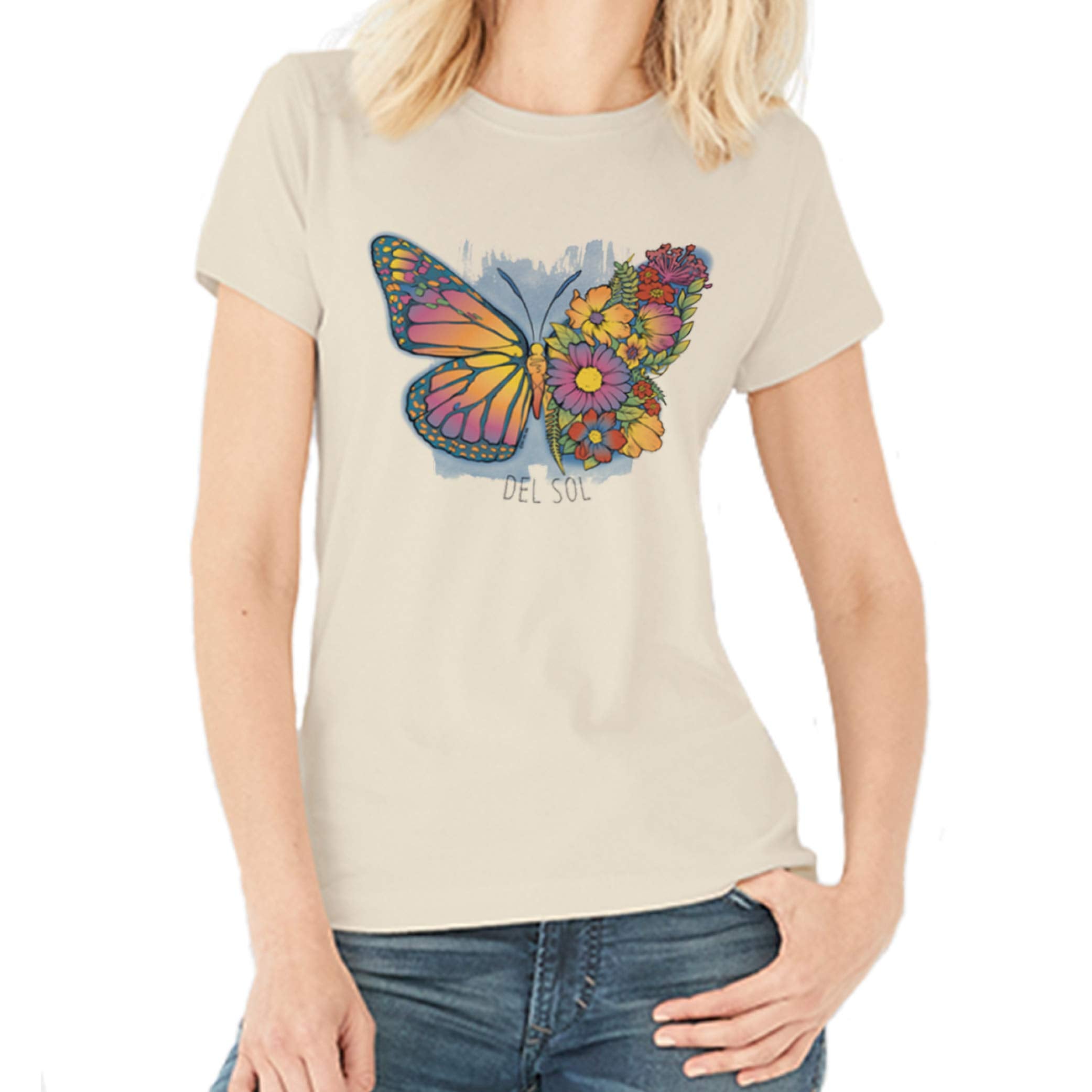 Women Crew Tee - Butterfly Floral - Beige by DelSol for Women - 1 Pc T-Shirt (Large)