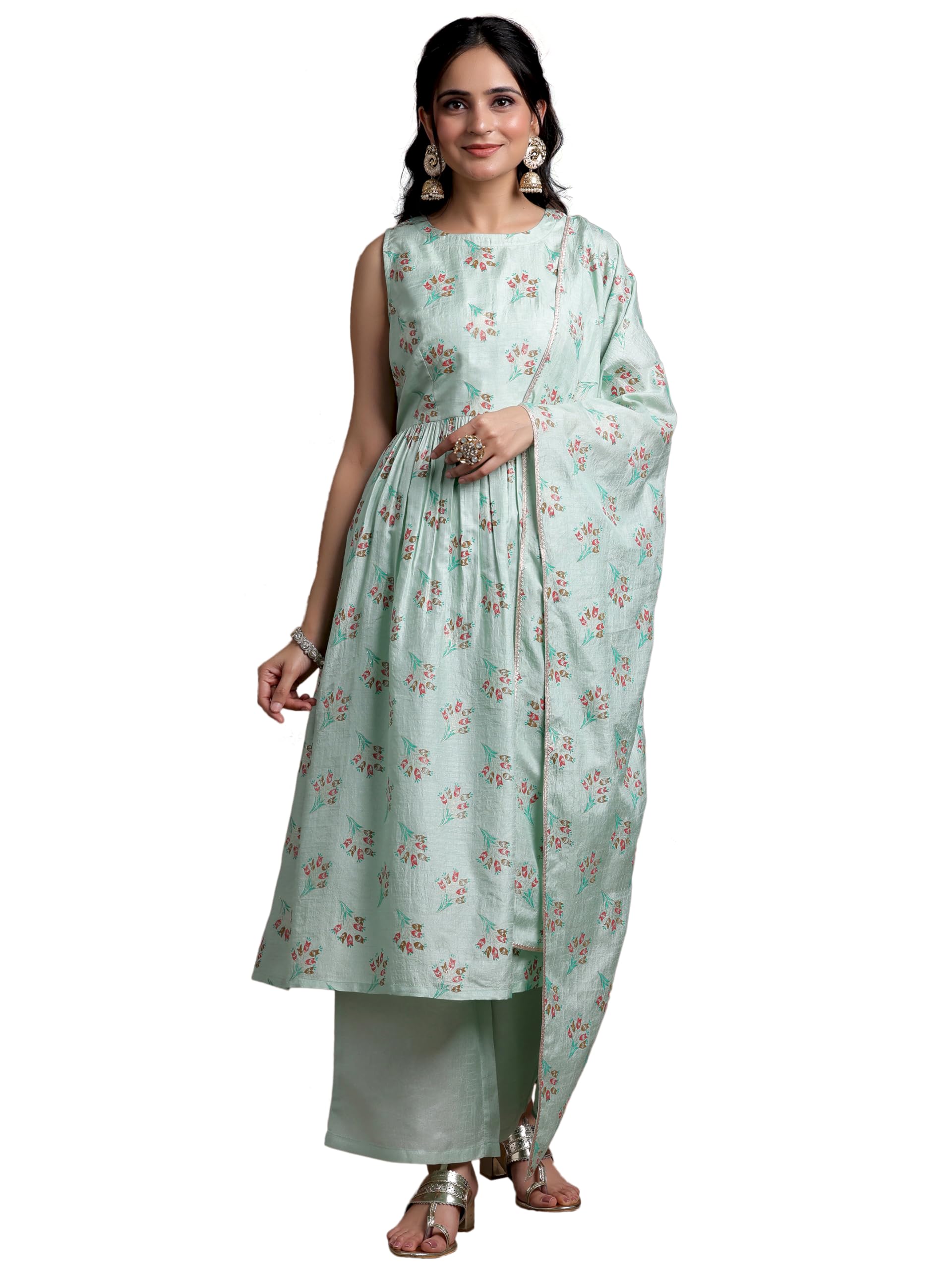 Libas Womens Printed Silk Blend A-Line Kurta With Palazzos And Dupatta