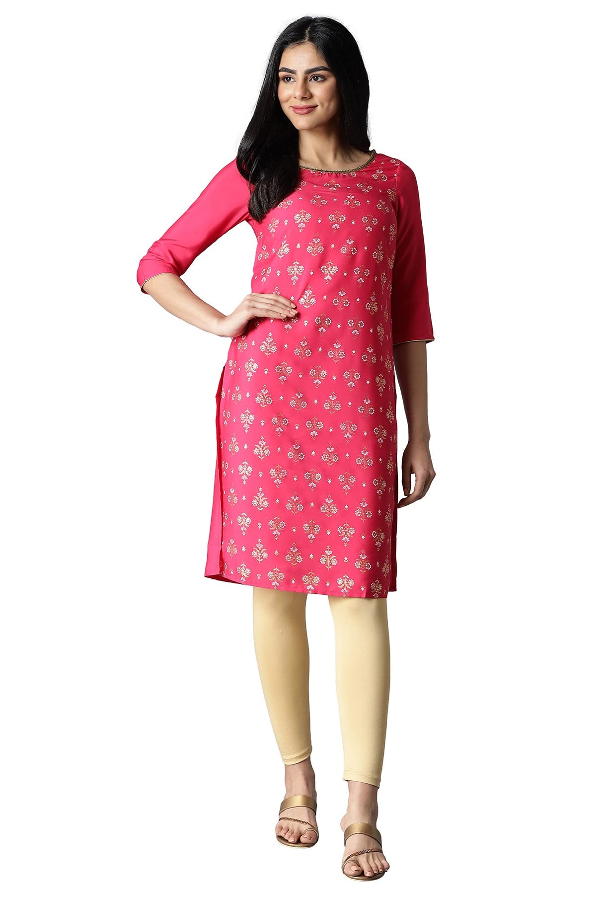 Aurelia WomenS Polyester Pink Floral Round Neck Straight Kurta_22Fea13203-504236_M