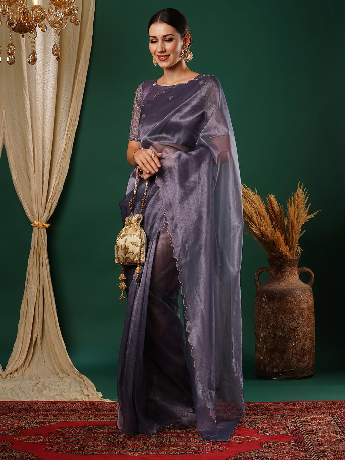 Satrani Womens Shimmer Net Embroidery And Scalloped Border Saree with Unstitched Blouse Piece