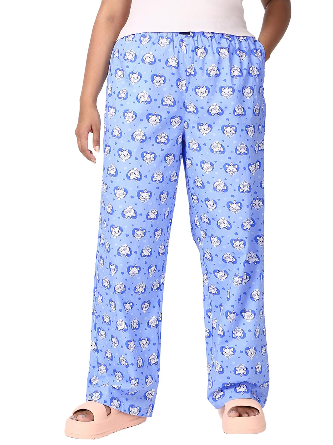 Bewakoof Official Disney Merchandise Marie Womens All Over Printed Regular Fit Poplin Plus Size Pyjama_645115_Blue_3XL