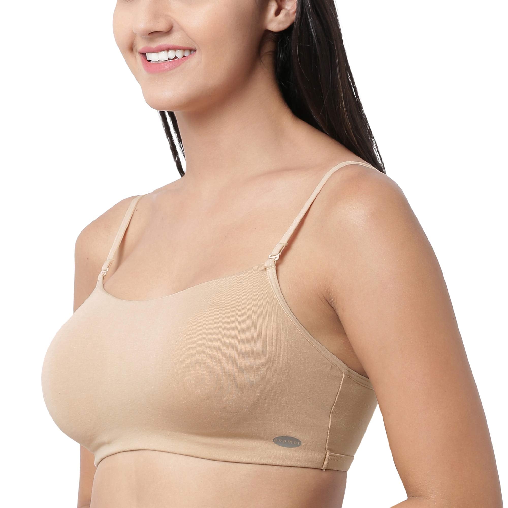 Enamor A022 Basic Cotton Stretch Cami with Detachable Straps Bra - Non-Padded Wirefree High Coverage - Skin