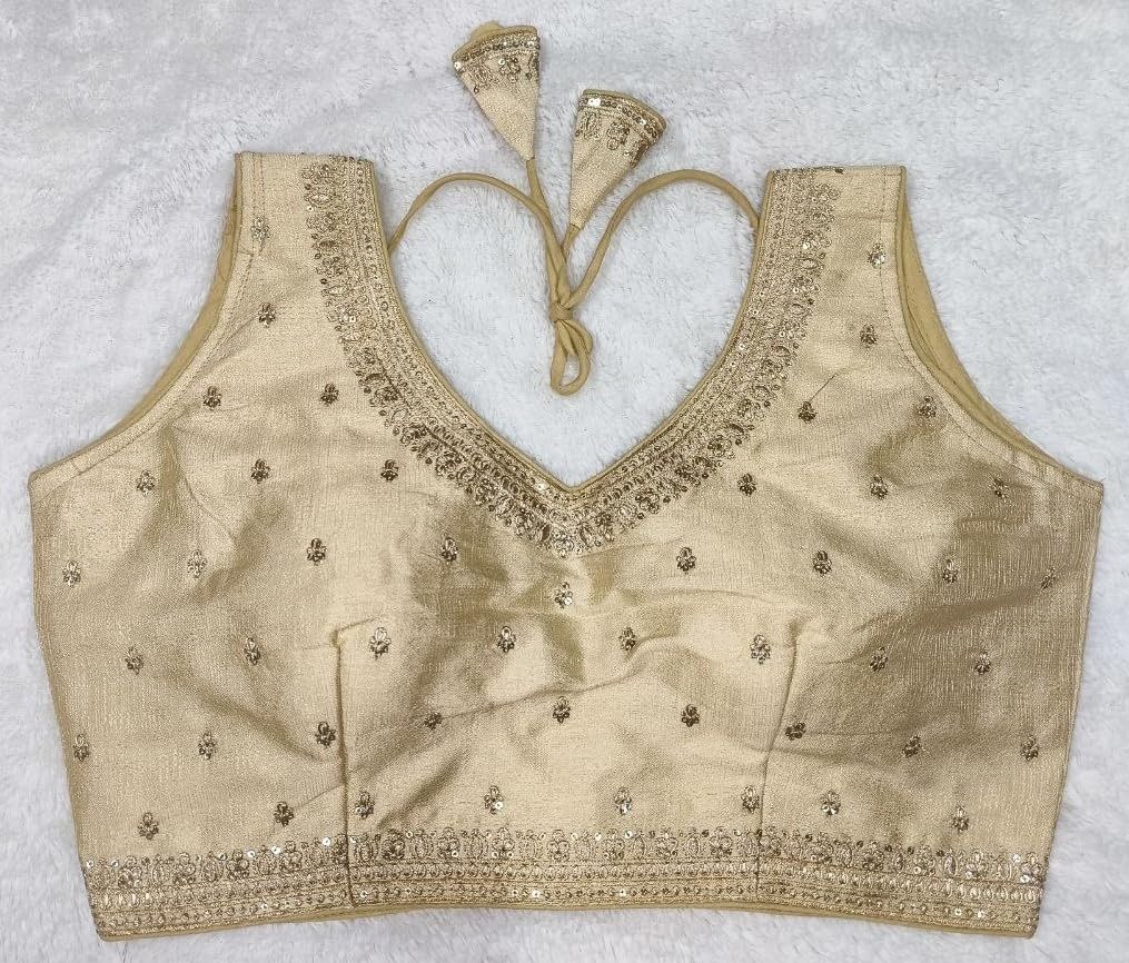 Pujia Mills WomenS Indian Ethnic Wear Designer Golden Zari Embroidery With Sequence Work V Neck Sleeveless Readymade Worked Sar