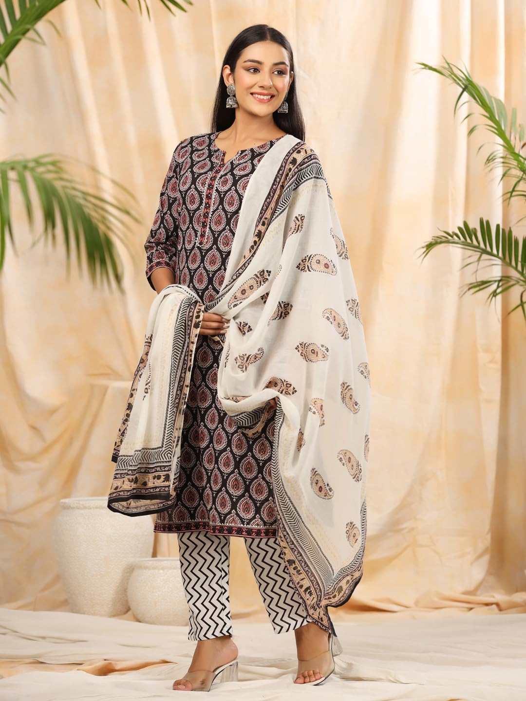 Anubhutee Women'S Pure Cotton Ethnic Motifs Printed Black Kurta Suit Set With Trousers & Dupatta…