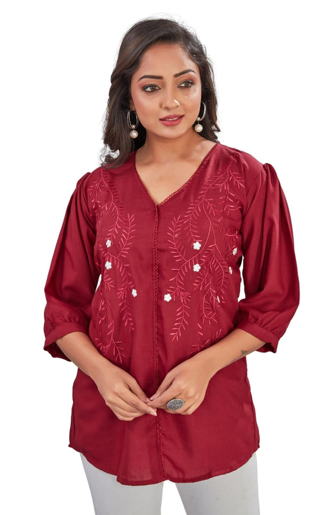 Kesudi WomenS Embroidered Regular Fit Tunic Shirt With Collar Neck - Full Sleeves - Elegant Button-Down Shirt For Office, Casua