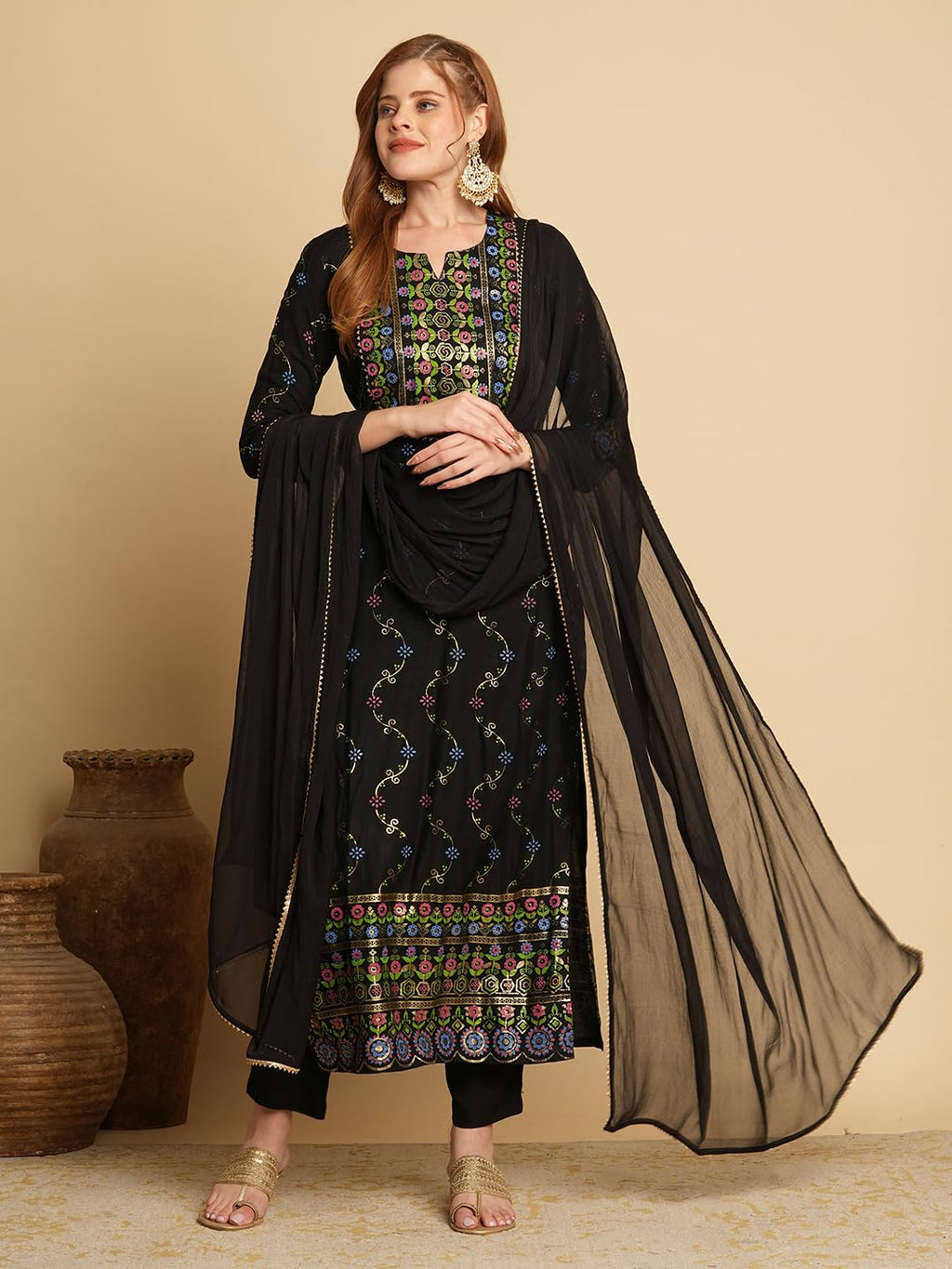 ANNI DESIGNER Ladies Cotton Blend Kurta Trousers with Dupatta Set, Black, S