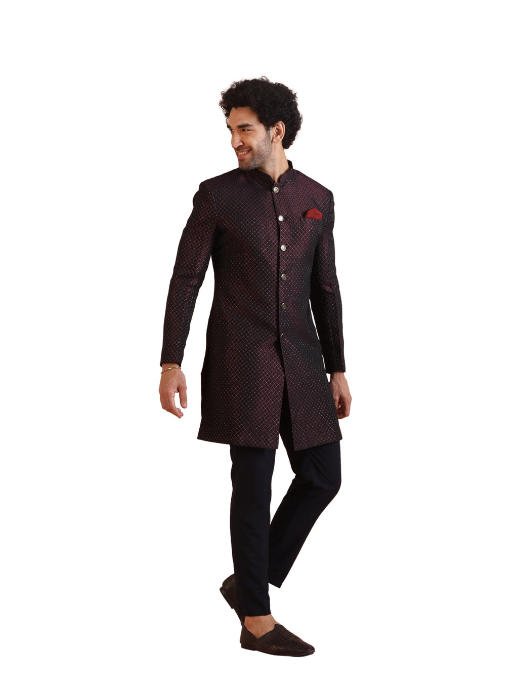 Kisah MenS Maroon And Navy Blue Indo-Western Sherwani Trousers Set, Cotton Full Sleaves, Knee Length, Straight, Regular Fit, Ma