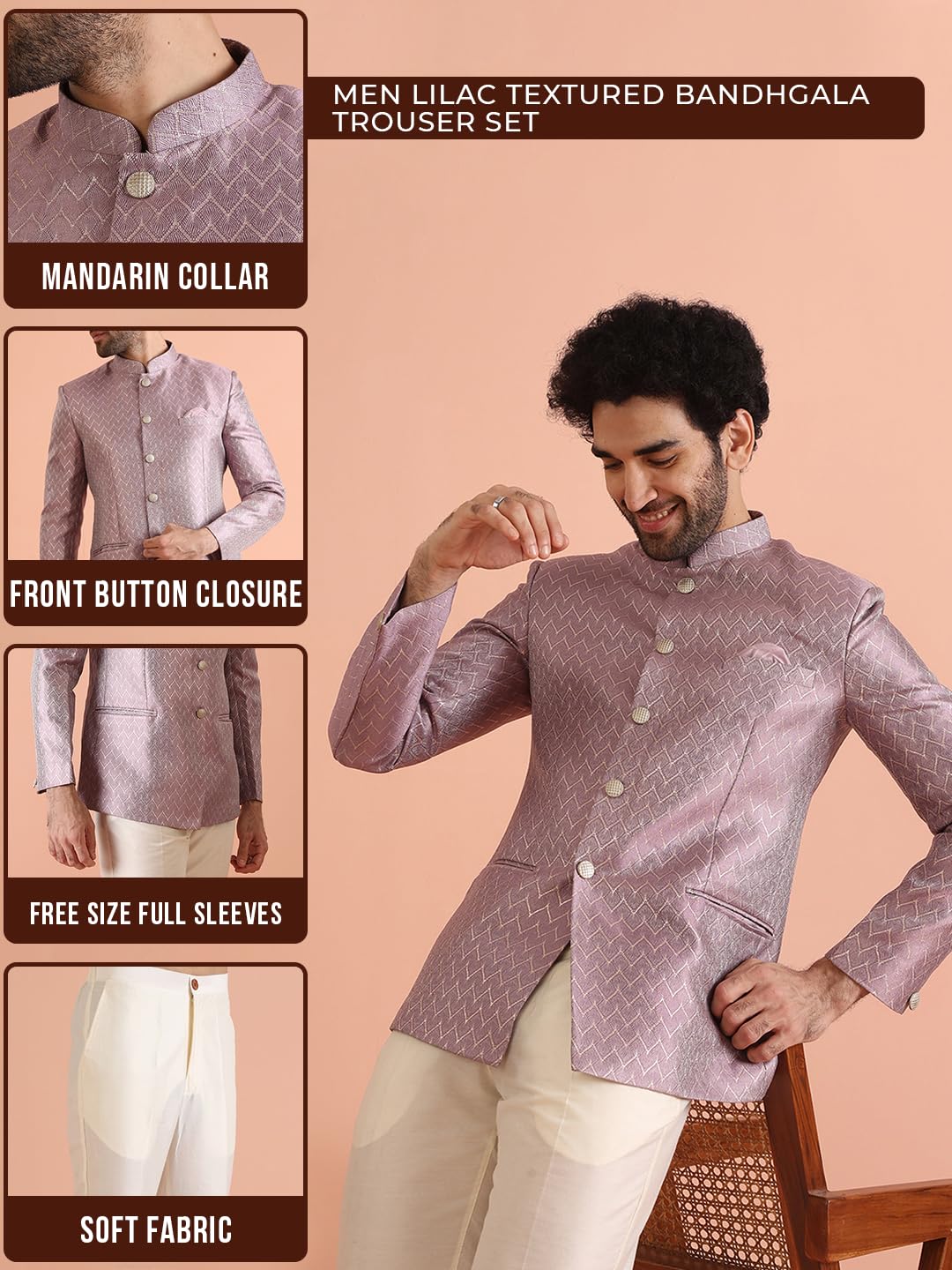 Kisah MenS Bandhgala & Trouser Set  Textured Silk Blend Jacquard Ethnic Suit For Men  Regular Fit Wedding & Festivals  Dry Clean