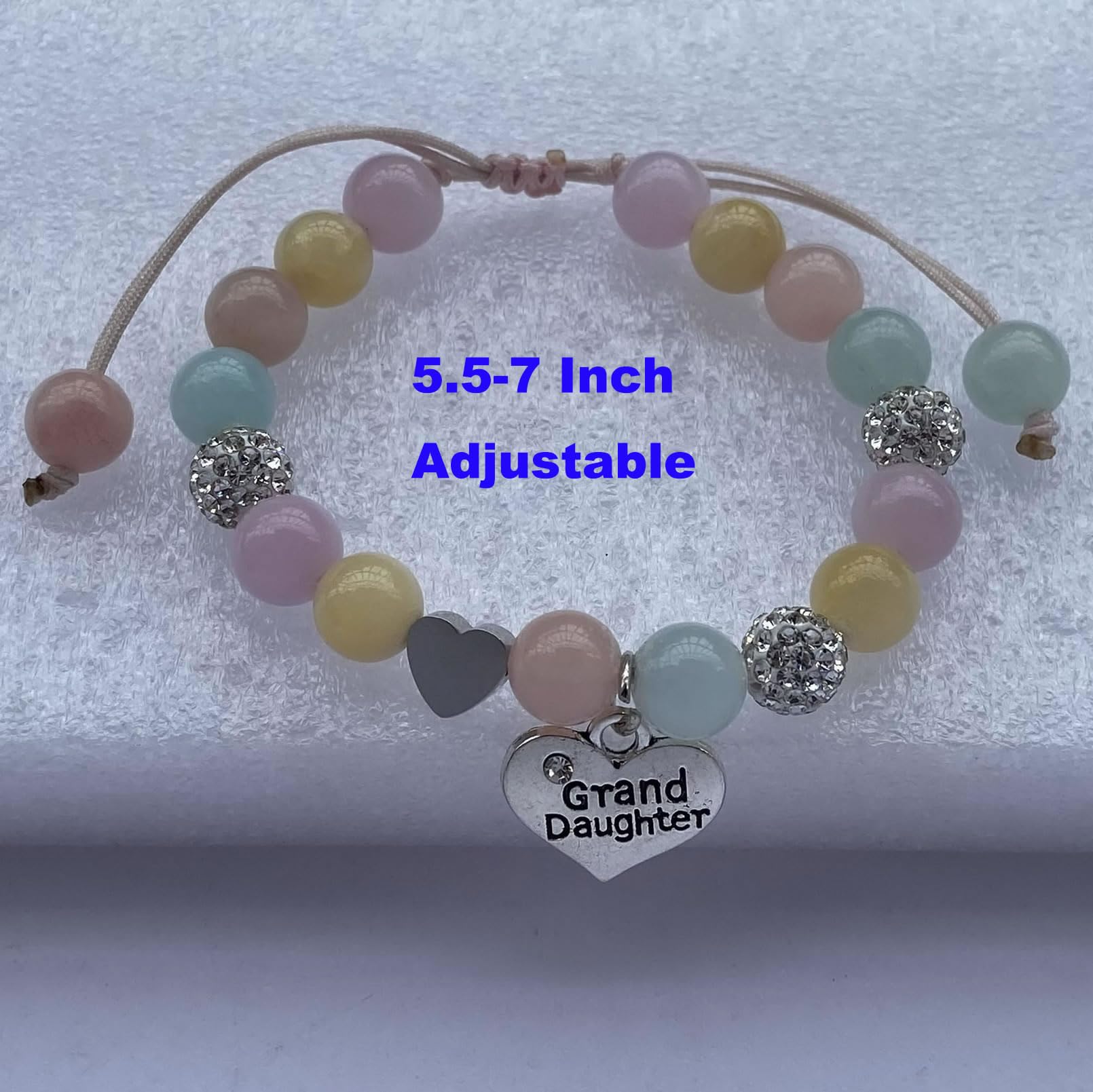 DOLON Handmade Rhinestone Crystal Multi Color Stones Beaded with Heart Granddaughter Charm Bracelet Gift Adjustable for Birthday