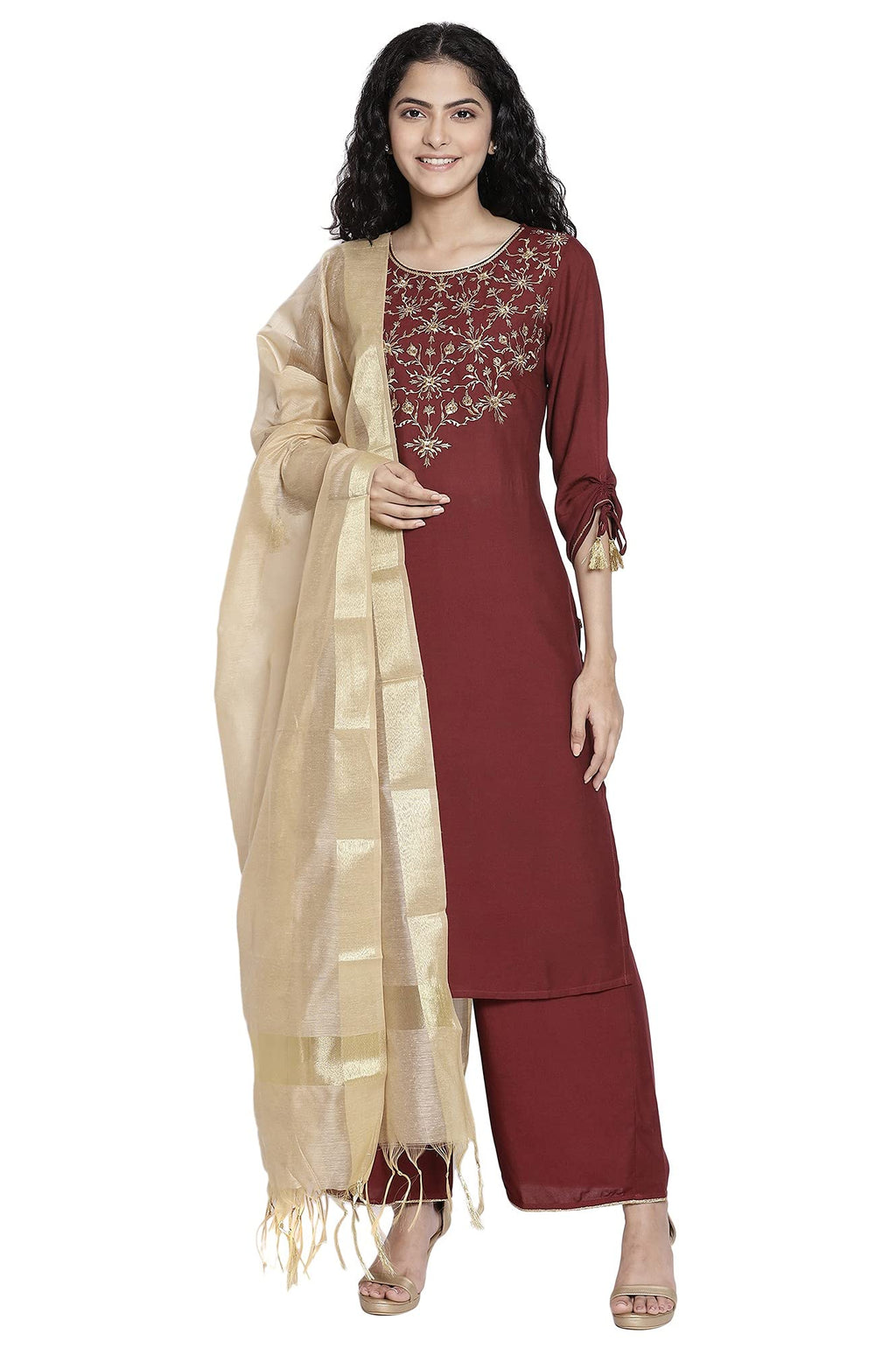 Aurelia Women'S Viscose Kurta, Palazzo & Duppata (21Aud11684-602103_Chocolate Truffle_L)