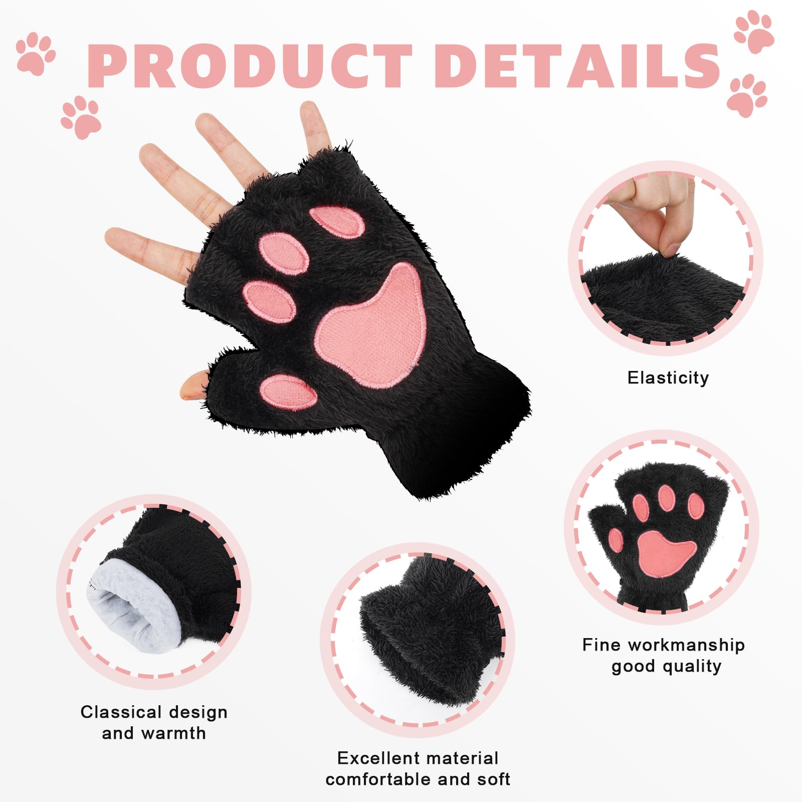 Himine Cat Claw Bear Paw Fingerless Winter Plush Gloves 1*Pair(Black)