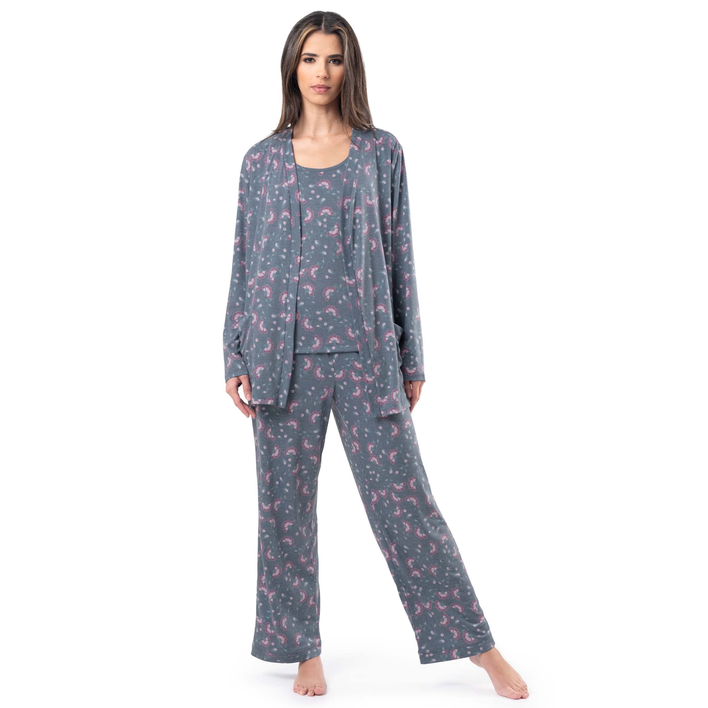 Fruit of the Loom Women's Breathable Tank Top, Pant, and Cardigan Sleep Set, Floral Print, Medium