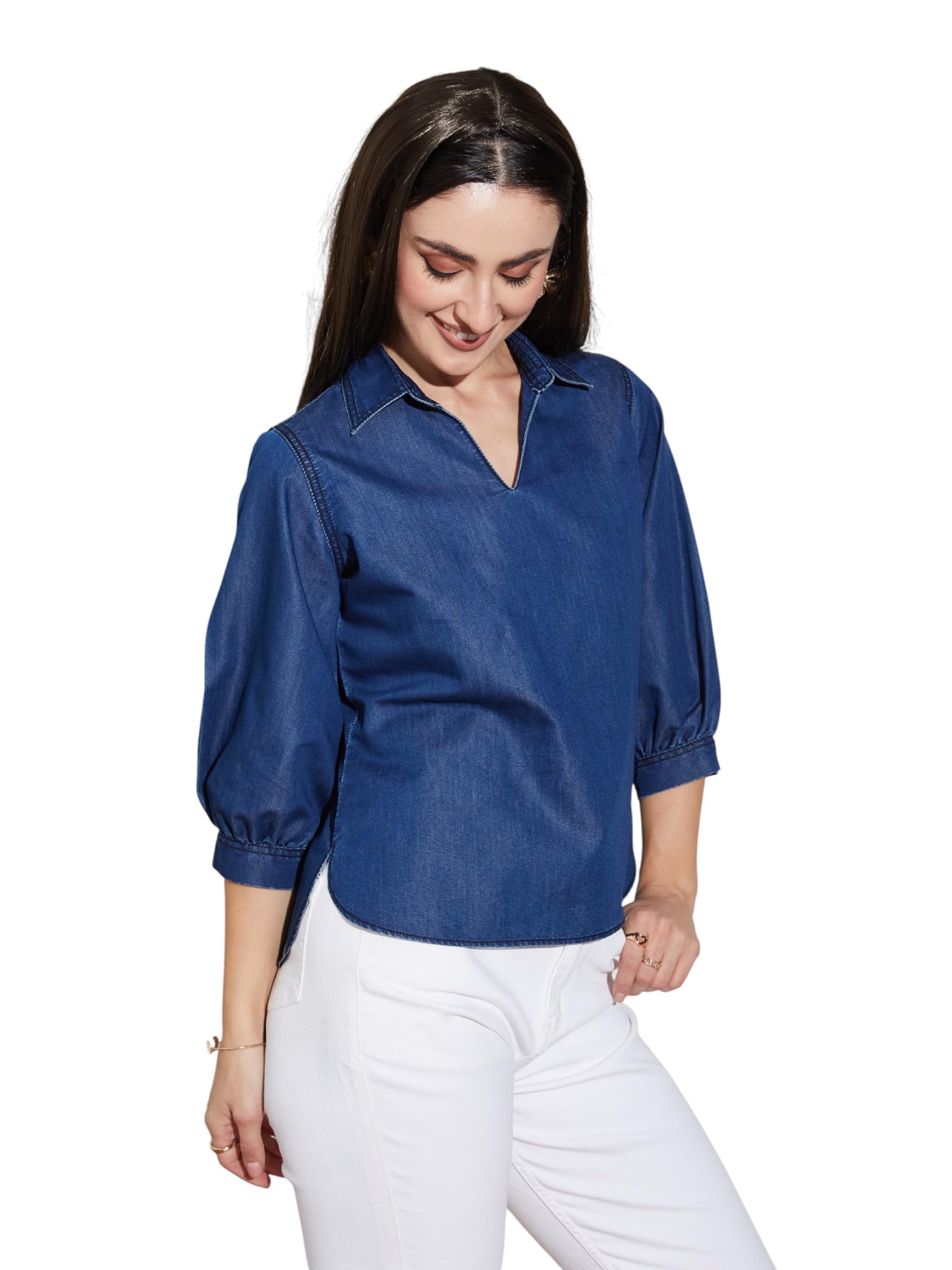 Miss Chase Womens V Neck Elasticated Straps Sleeve Waistcoat-Styled Cropped Denim Top (Mcaw25Den61-37-504-05, Capri Blue, L)