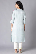 W For Woman Light Blue Vertical Striped Straight-Long Kurta