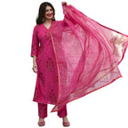 ANNI DESIGNER Womens Cotton Blend Straight Kurta with Pant & Dupatta (Garden Pink_L_Pink_Large)