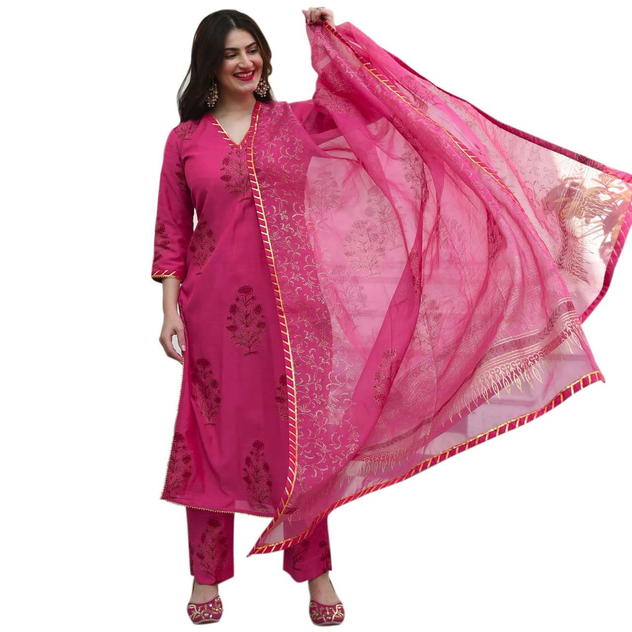 ANNI DESIGNER Womens Cotton Blend Straight Kurta with Pant & Dupatta (Garden Pink_XL_Pink_X-Large)