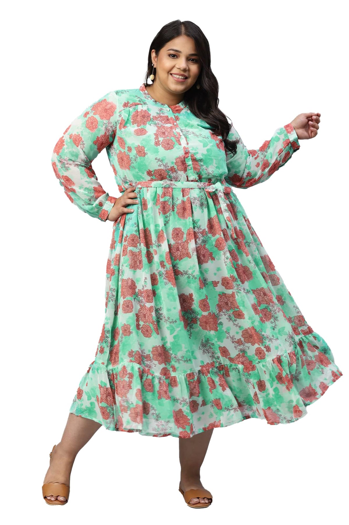 Aurelia Women Electric Green Floral Printed A-Line Dress_22AUA13561P-504518_4XL
