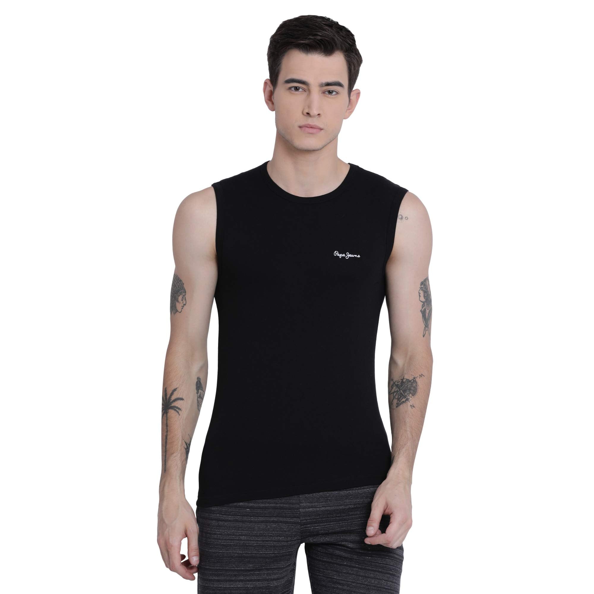 Pepe Jeans Innerwear MenS Solid Vest (Atv02-01_Black_Black-90-95)