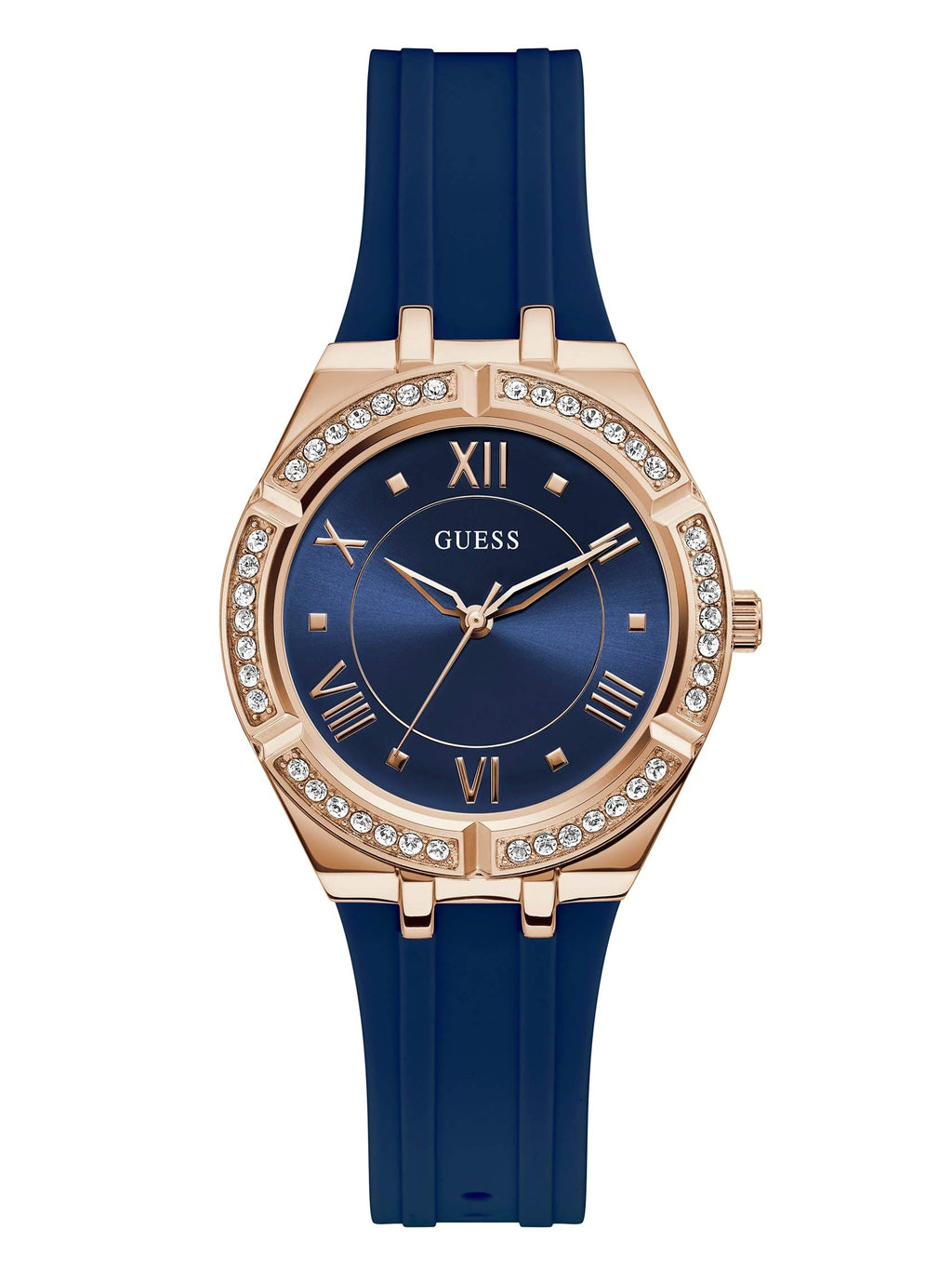 GUESS Blue + Rose Gold-Tone Crystal Silicone Watch, Blue/Rose Gold-Tone