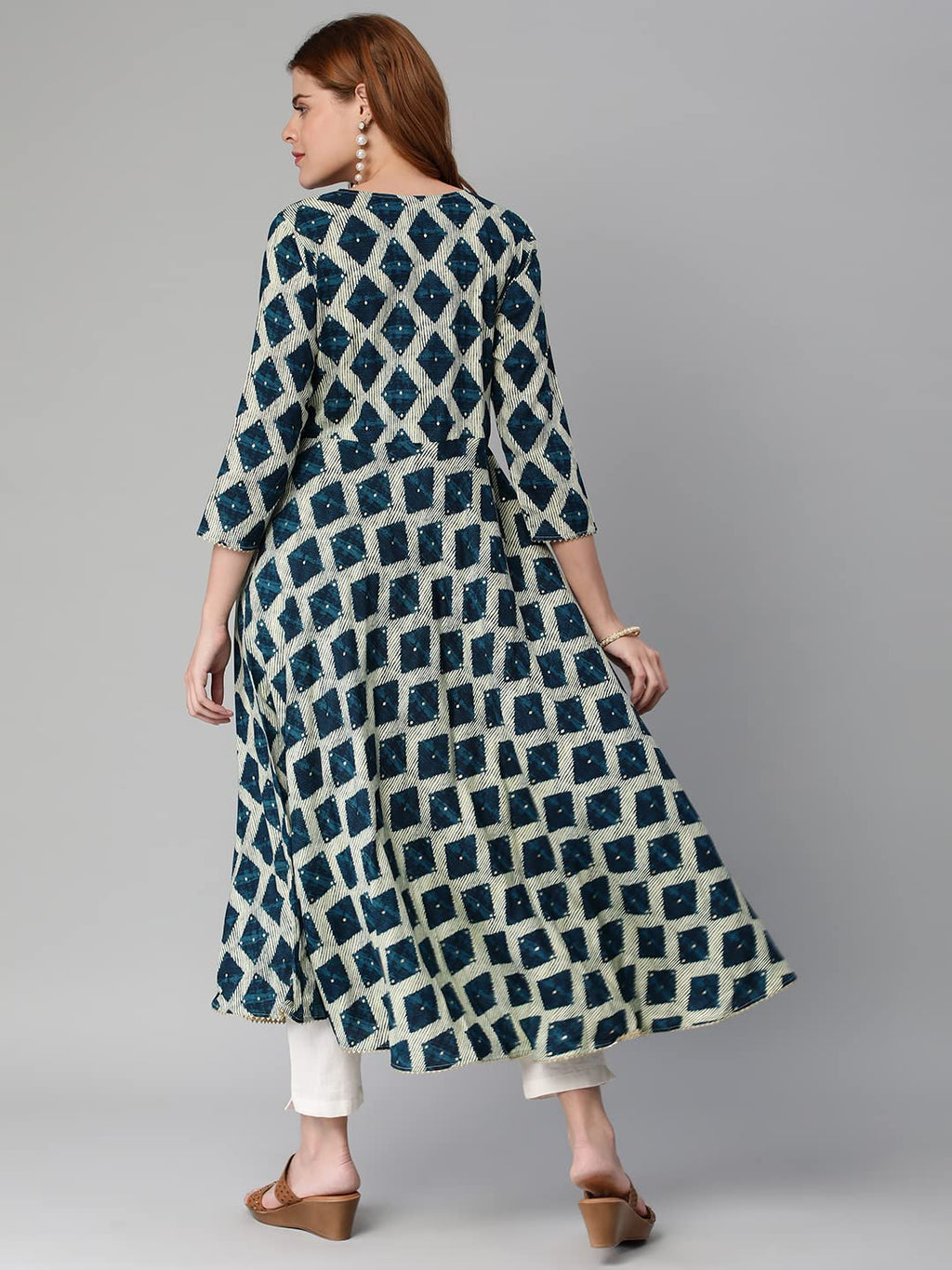 Gosriki Women'S Cotton Blend Chex Printed Anarkali Kurti (Chix Blue-Gs)