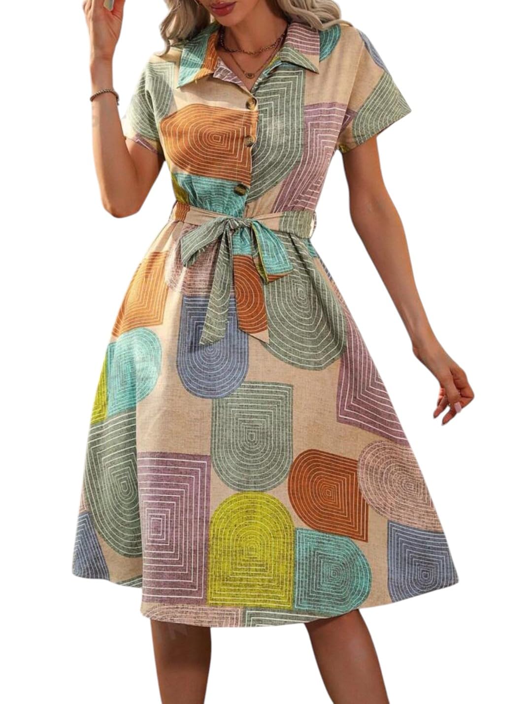 Gufrina WomenS Short Sleeve Collar Neck Dress - Geometric Print Button-Down Midi Dress With Tie-Up Belt (In, Alpha, 3Xl, Regula