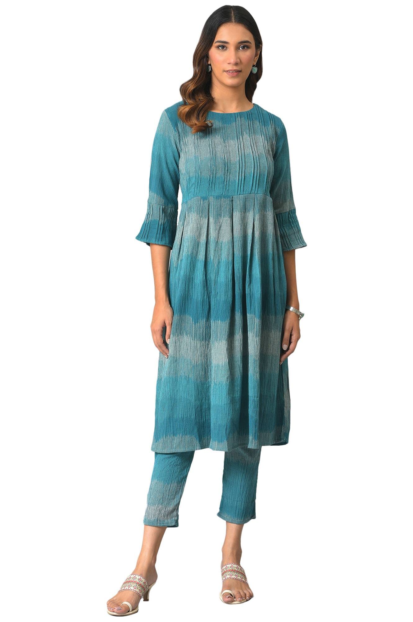 W For Woman Teal Yarn-Dyed Ikkat Crepe Kurta And Straight Pants Set