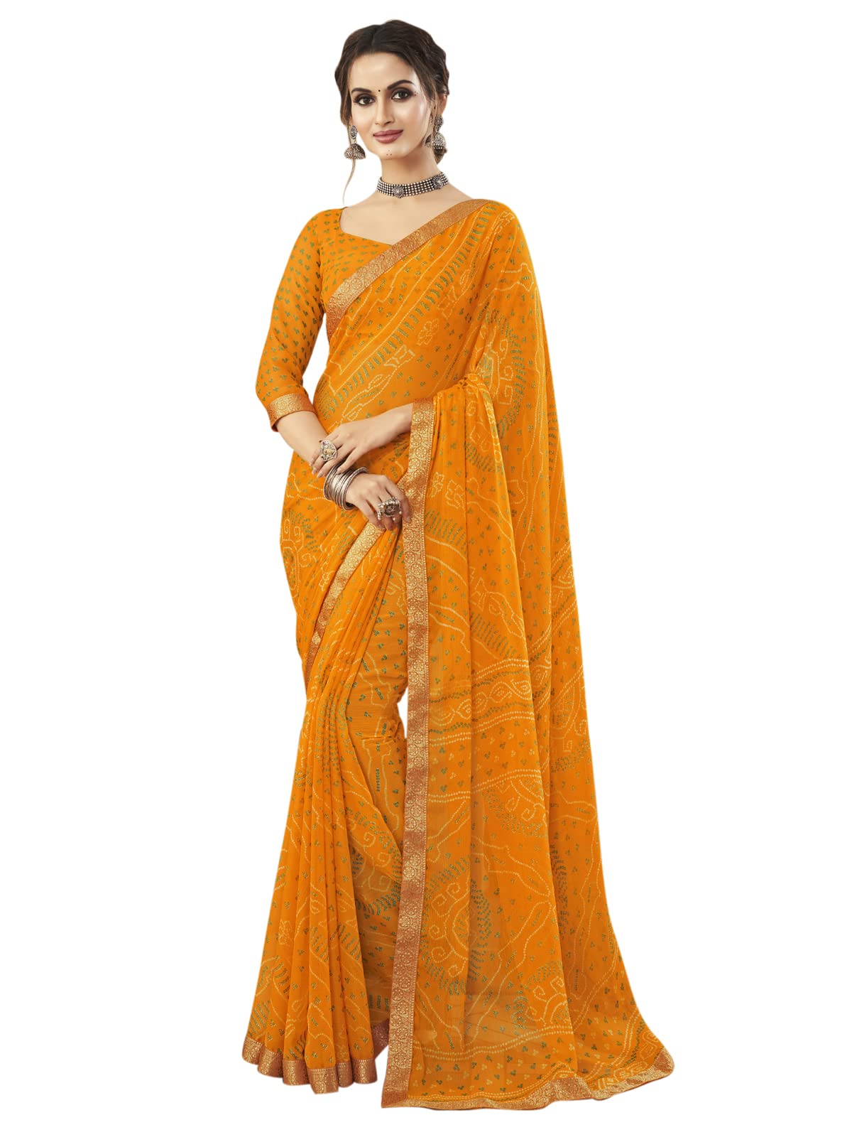 Satrani Womens Bandhani Printed & Lace Chiffon Saree with Blouse(2202SR868_Turmeric Yellow)