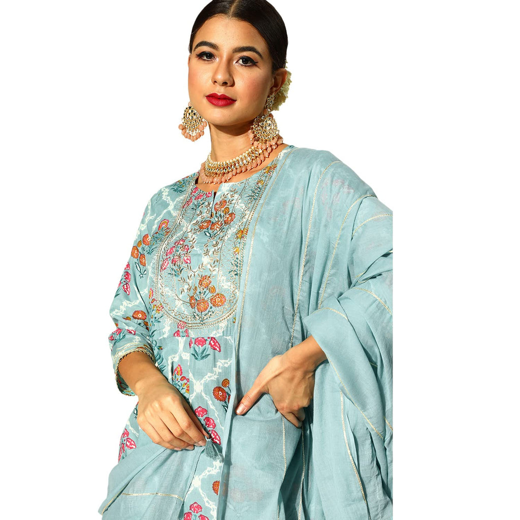 Ishin Women'S Cotton Blend Blue Embroidered & Zari Work Anarkali Kurta Suit Set With Dupatta & Sharara