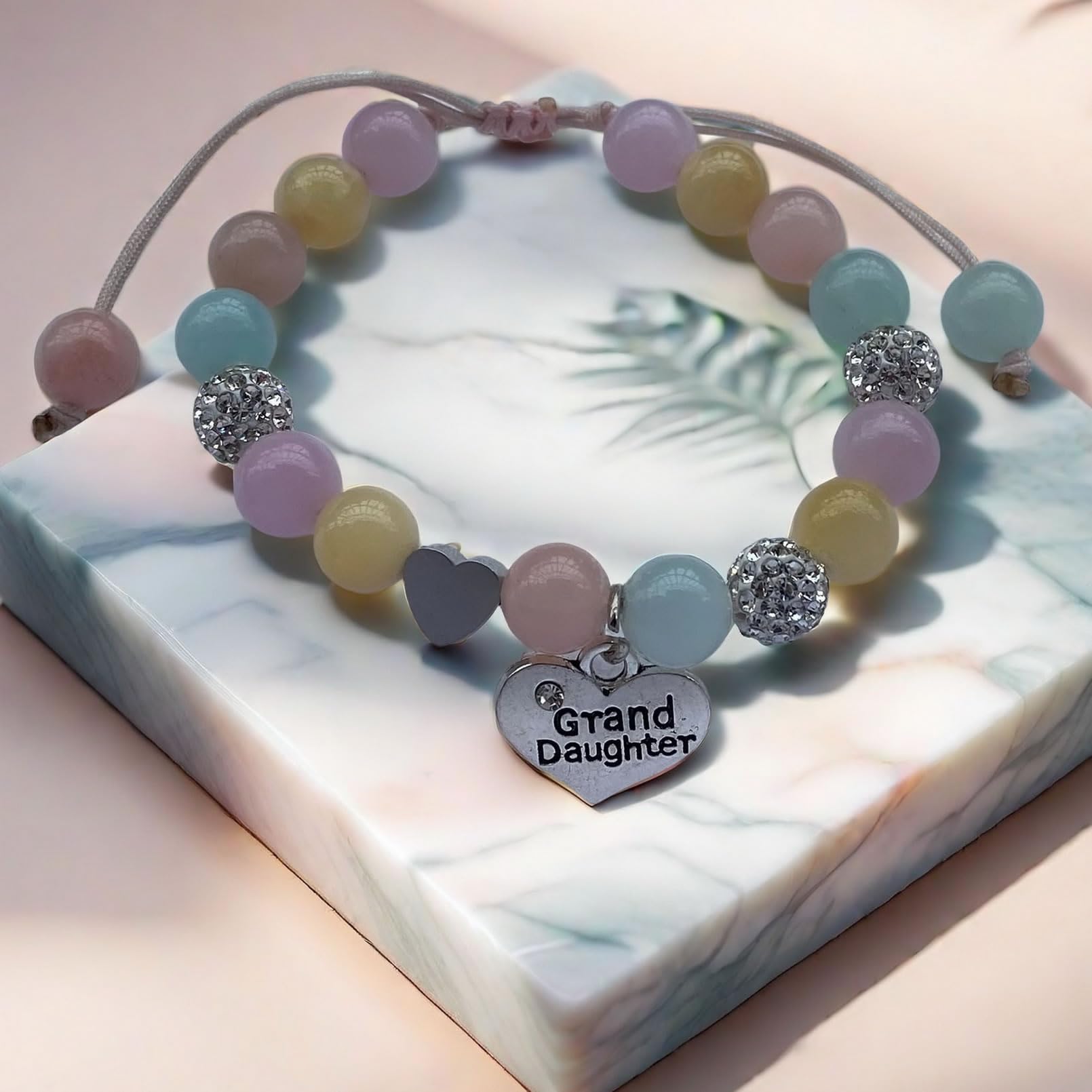 DOLON Handmade Rhinestone Crystal Multi Color Stones Beaded with Heart Granddaughter Charm Bracelet Gift Adjustable for Birthday