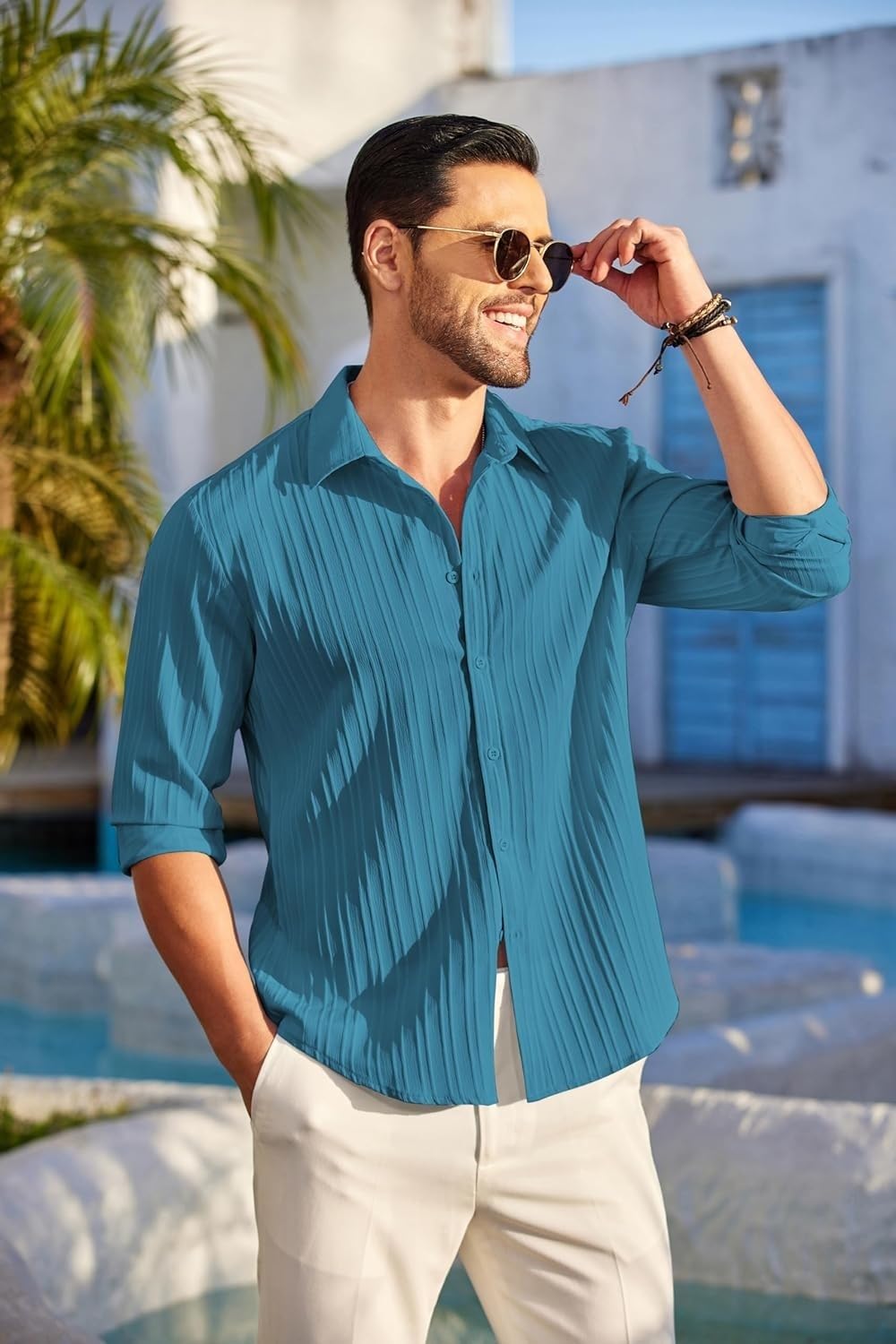 Deelmo MenS Regular Fit Solid Pattern Polyester Blend Shirt With Collared Neck Long Sleeve And Standard Length | Shirt For Man
