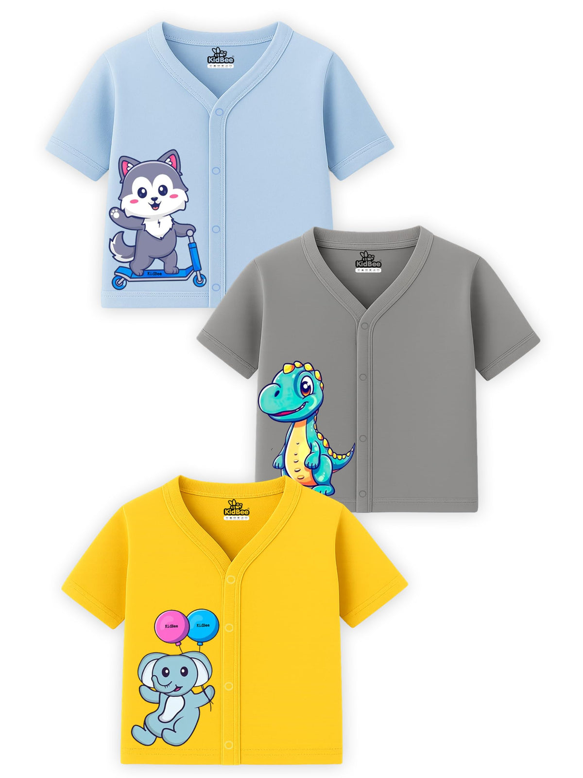 Kidbee Baby Jabla Front Open Half Sleeves Soft Cotton TShirt Top with Cute Chest Print  Pack of 3 (in, Age, 18 Months, 24 Mont 18-24