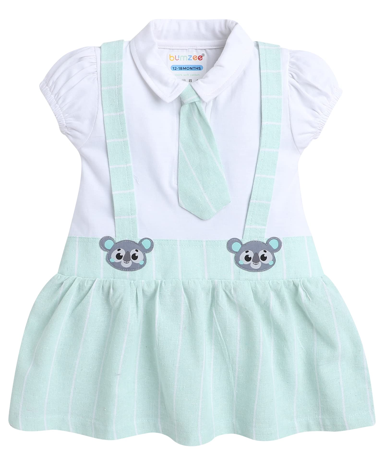 BUMZEE White & Green Girls Cap Sleeves Cotton Frock with Tie Age - 18-24 Months (Peb8109E-wht.grn)