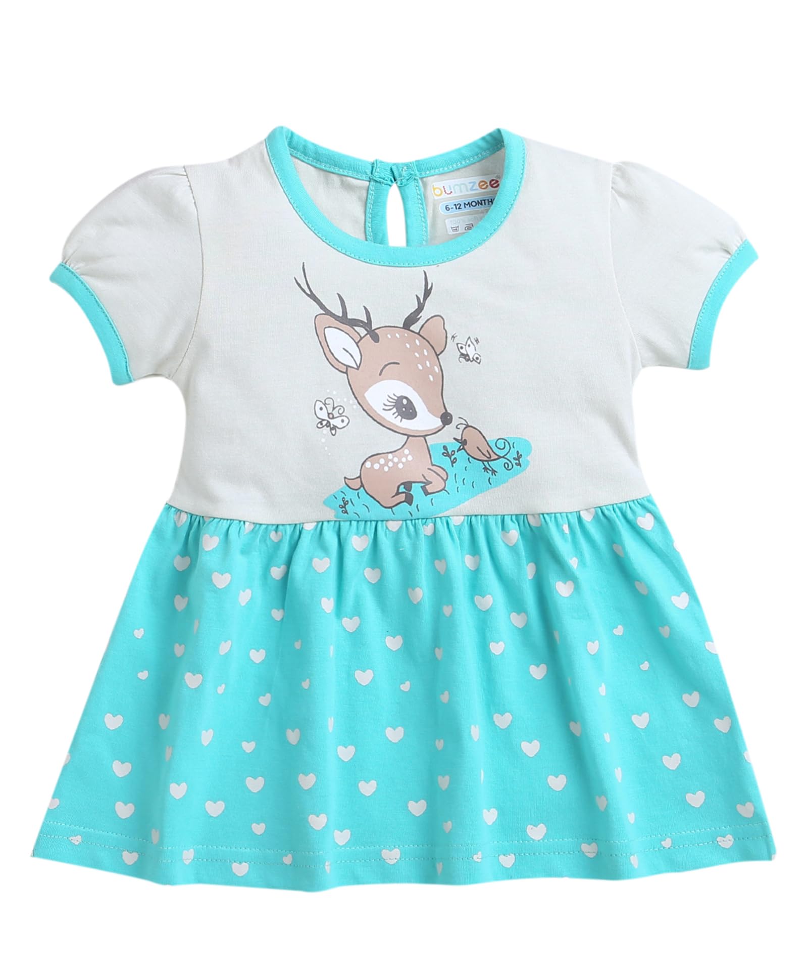 BUMZEE Beige & Blue Girls Half Sleeves Cotton Frock Age - 12-18 Months (Peb9093D-bge.blu)