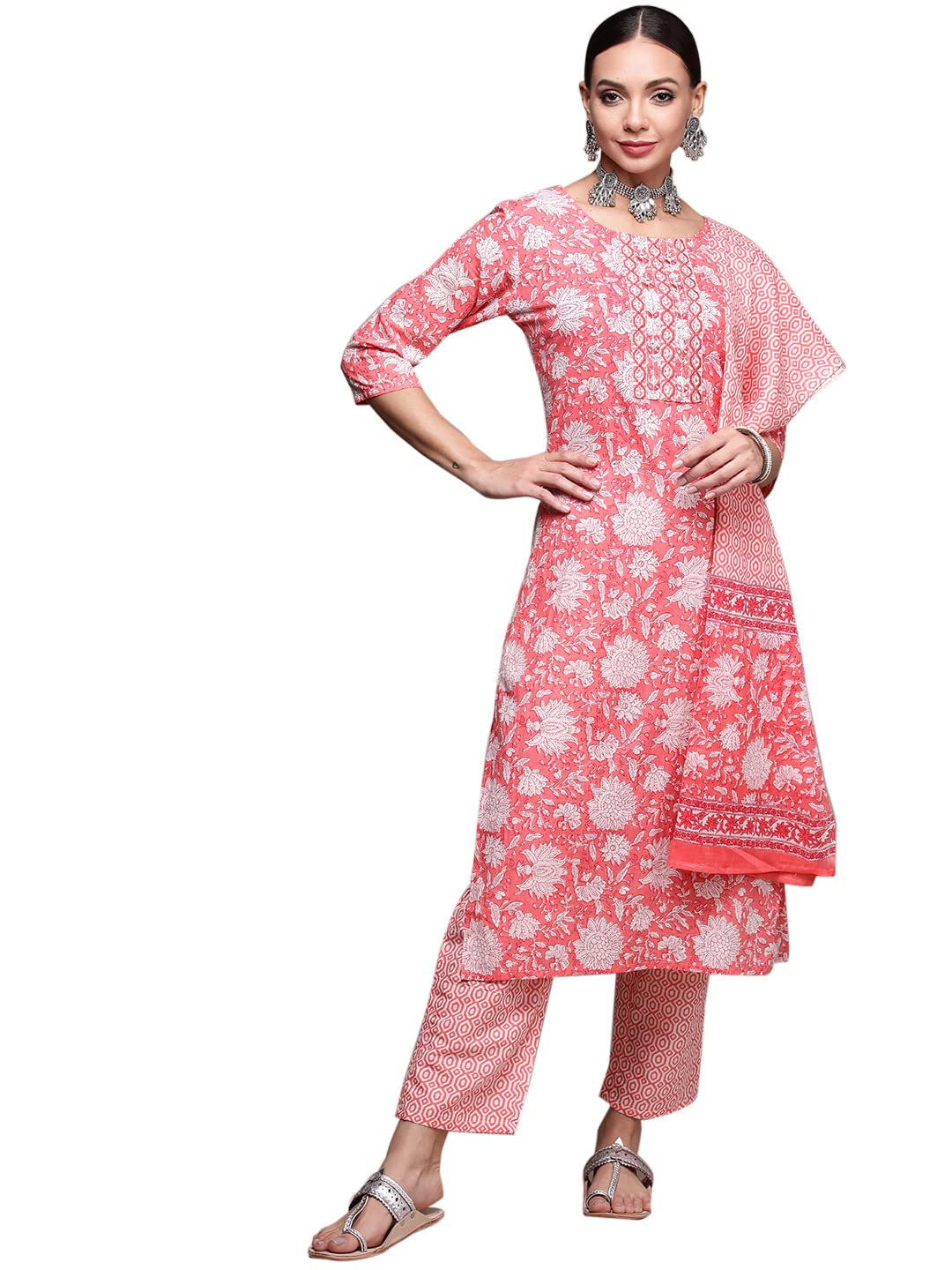 Anubhutee Women'S Cotton Pink Floral Printed Straight Kurta Suit Set With Pants And Dupatta