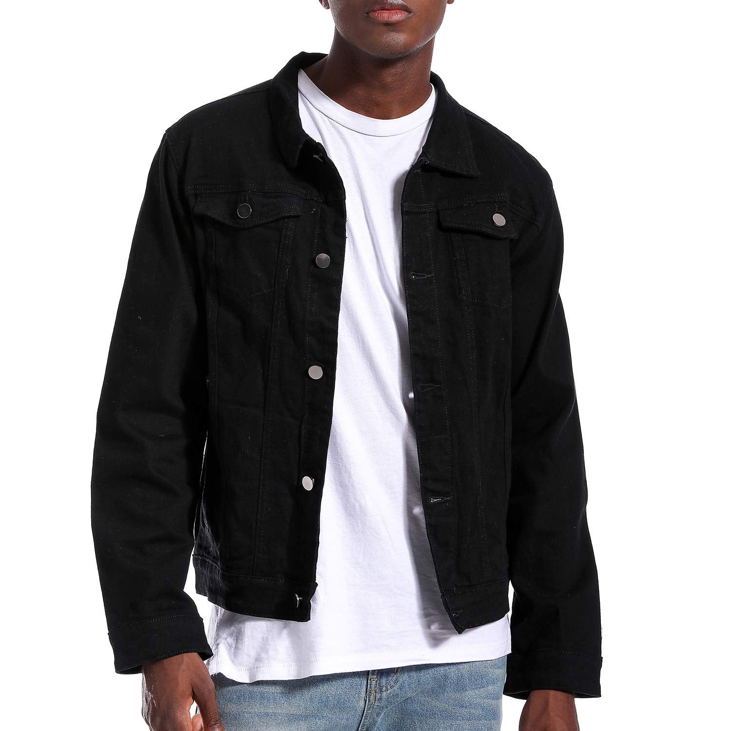 LAMKUKU Mens Denim Jacket Ripped Slim Jean Jacket Coat for Men (Large, Black)
