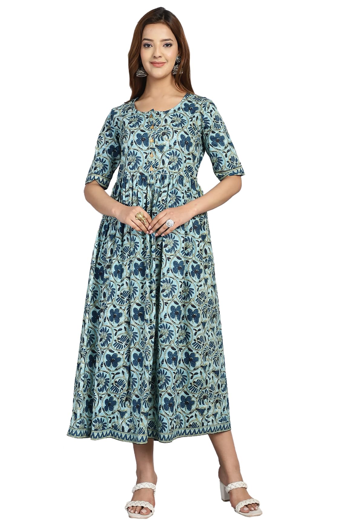 Rajnandini Women ALine Midi Pure Cotton Jaipuri Printed Gown (Jopljpr138Xxl_Sea Green_Xxl)