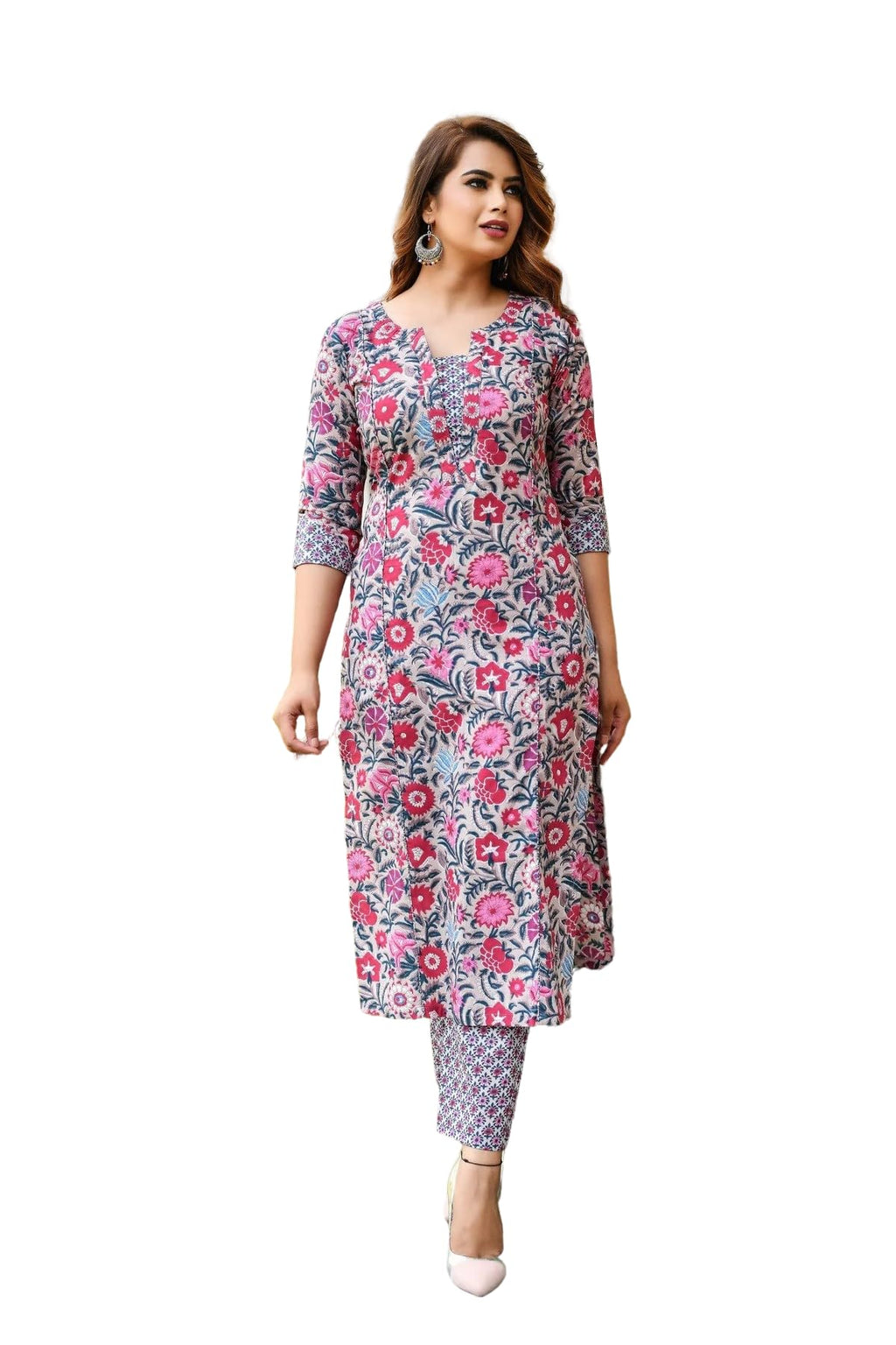 Lymio Women Cotton Blend Printed Regular Kurta Set (K-19-L_Pink