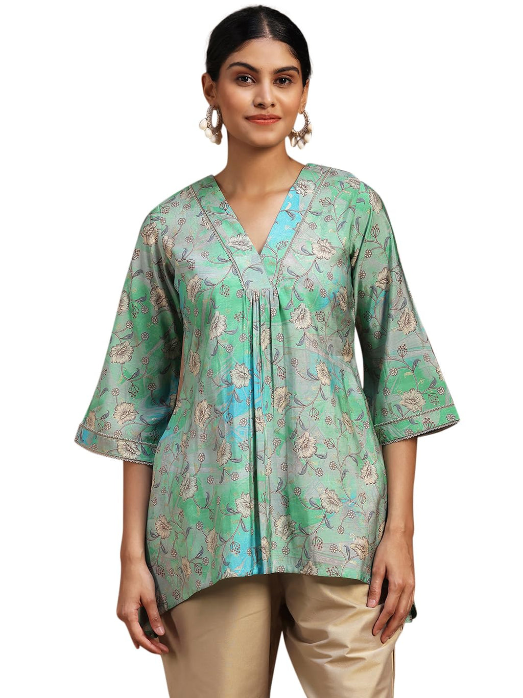 Libas Womens Printed Silk Blend A-Line Kurti For Women Green