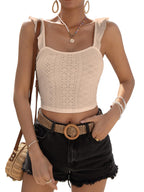Sugathari Girls & Womens Beige Eyelet Embroidery Knitted Scoop Neck Casual Slim Fit Women T-Shirt, Sleeveless Schiffli Crop To