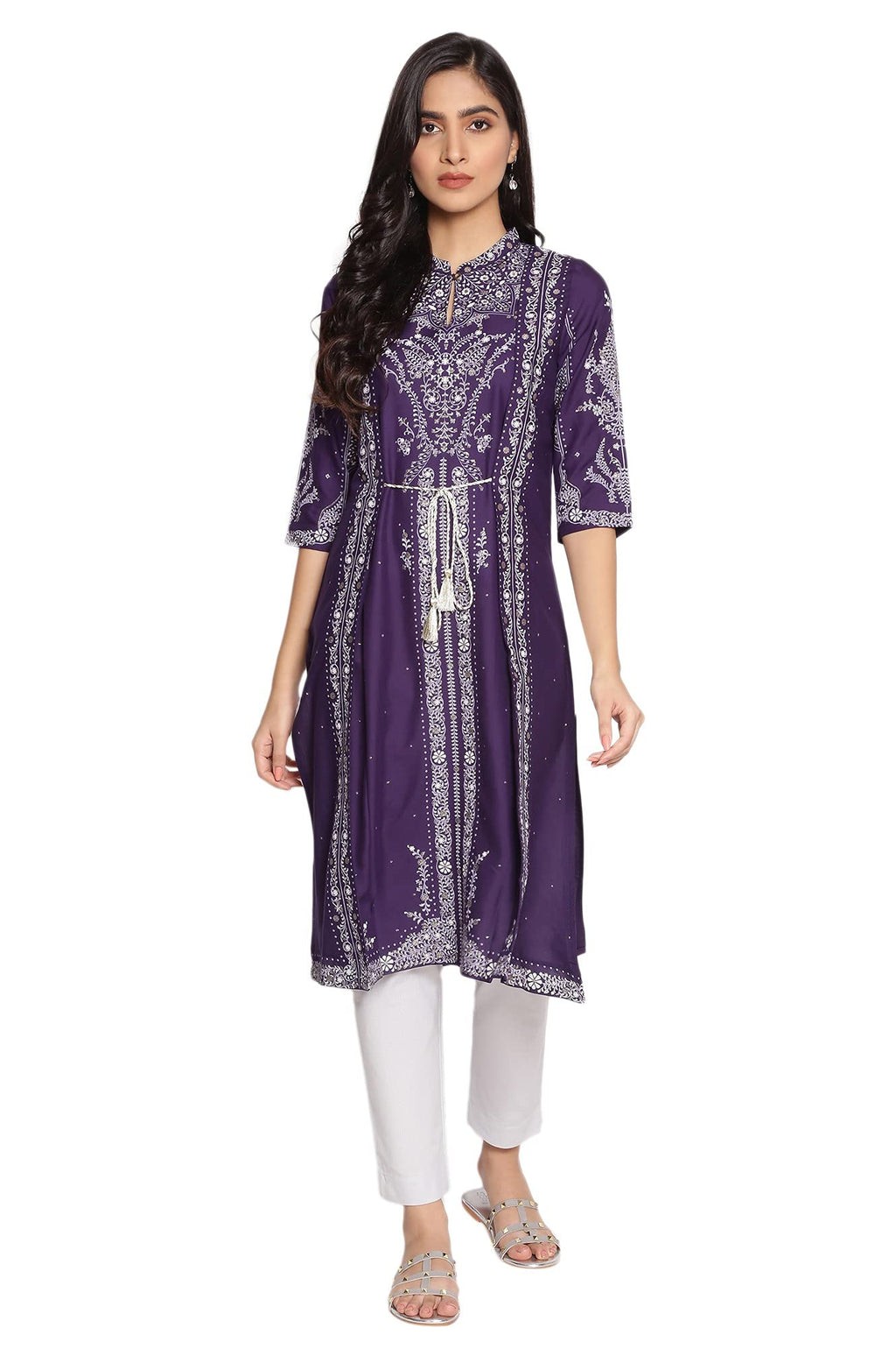 W For Woman Women'S Viscose Deep Purple Printed Regular Kurta_21Auw14146-117181_Small