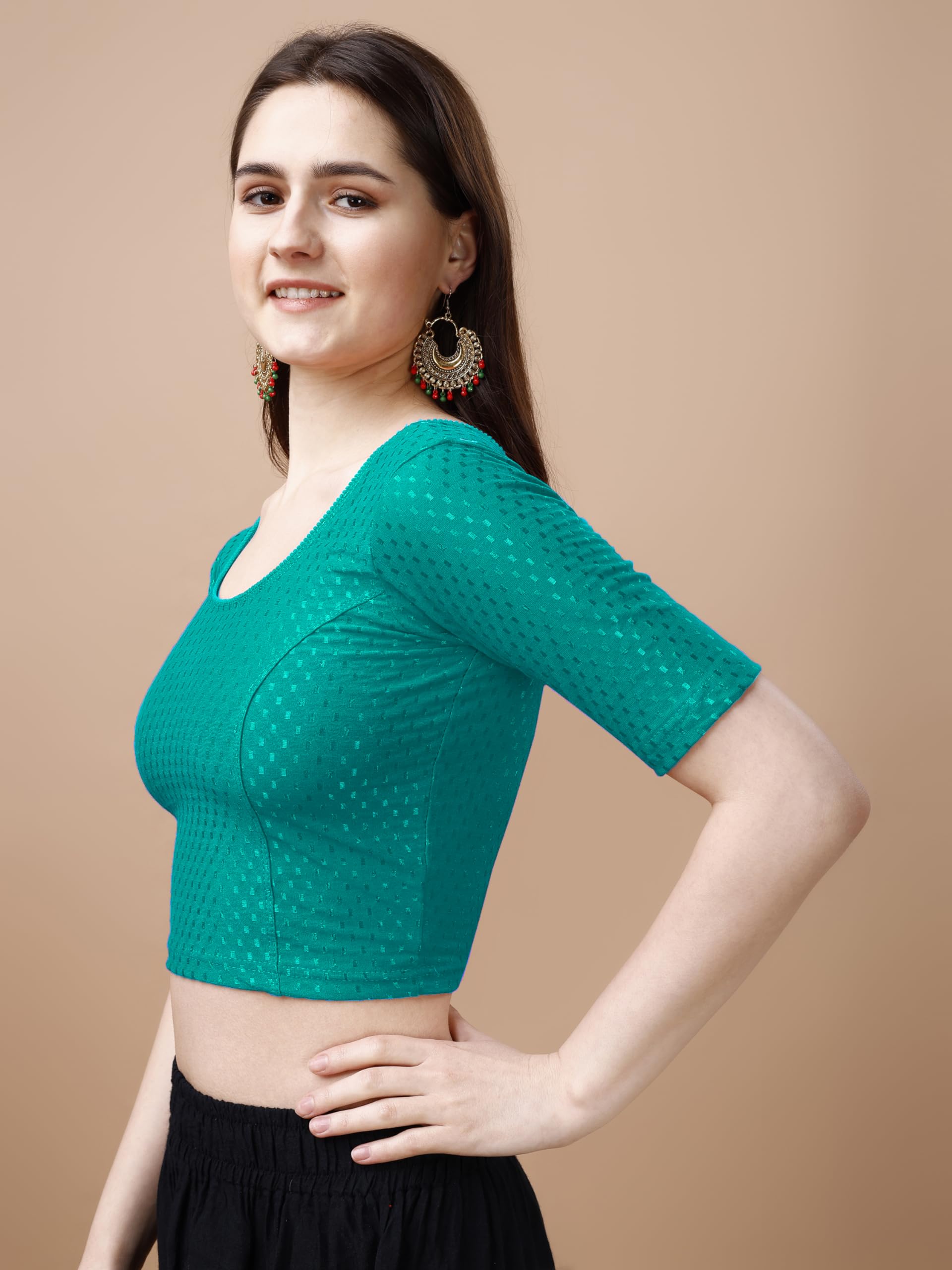 Pujia Mills WomenS Readymade Dobby Cotton Lycra Stretchable Round Neck Half Sleeve Blouse Fancy Rama Color Lycra Stretchable Bl